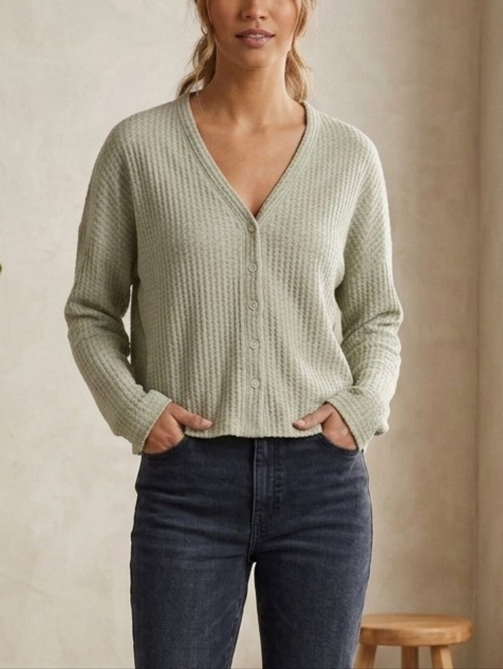 AnthropologieBeige Waffle-Knit V-Neck Button Cardigan
